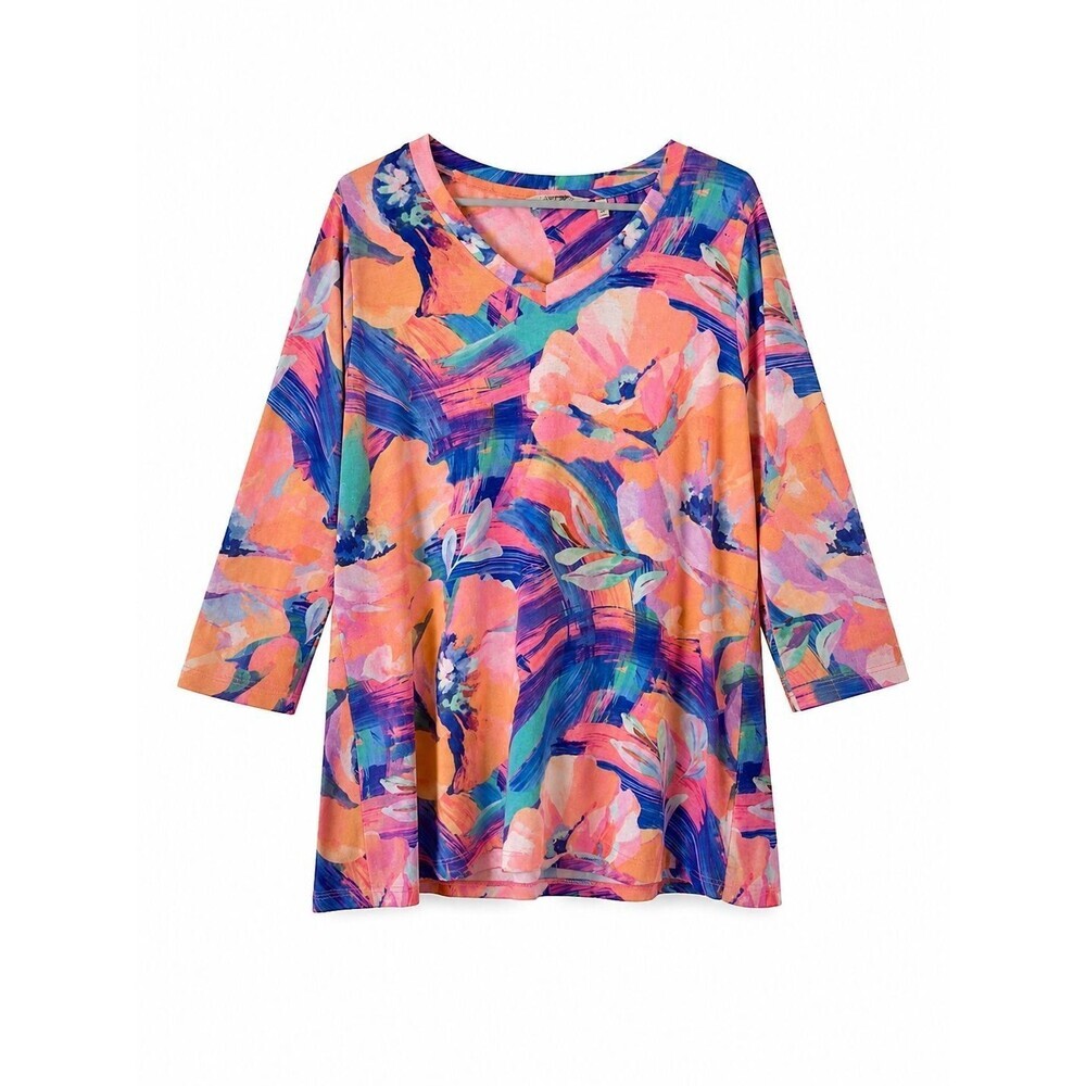 Soft Surroundings Plus 2X Floral Print V-neck Blouse Tunic Top Multicolor